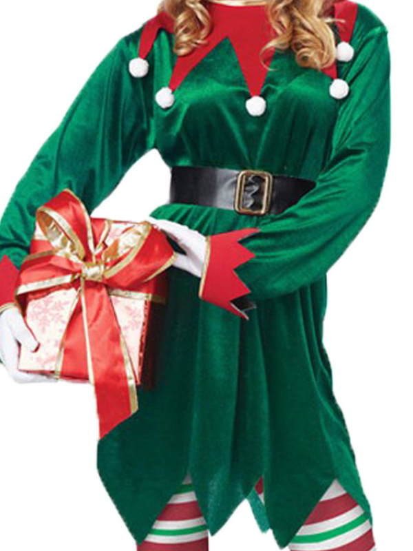 Women's Halloween Elf Costume with Tunic, Hat, Belt, and Leggings for Festive Holiday Parties