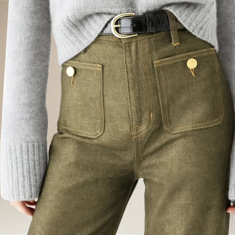 Women's High-Waist Leg Pants with Unique Front Pockets