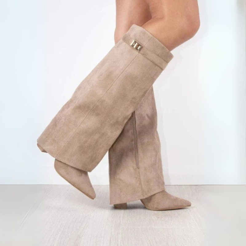 Women's Knee High Boots with Flap Overlay and Pointed Toe