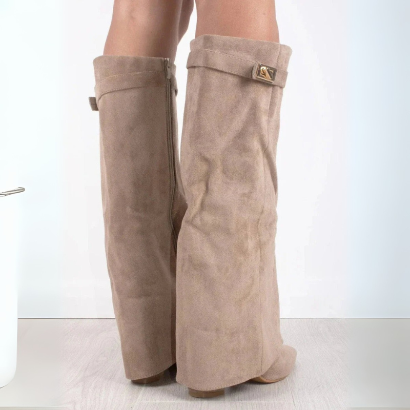 Women's Knee High Boots with Flap Overlay and Pointed Toe