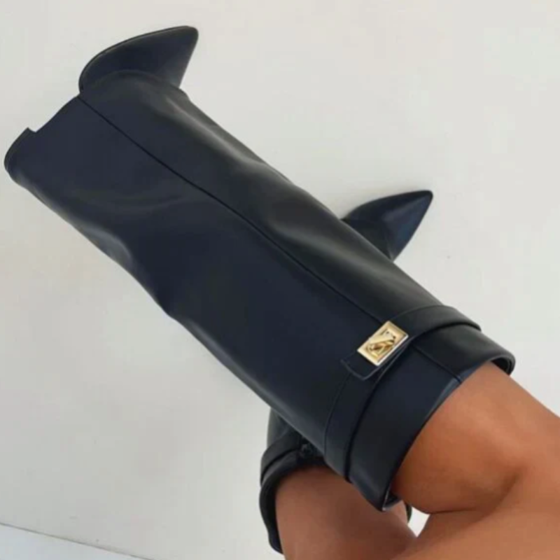 Women's Knee High Boots with Flap Overlay and Pointed Toe