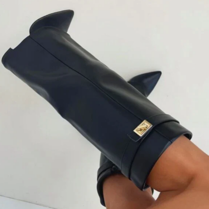 Women's Knee High Boots with Flap Overlay and Pointed Toe