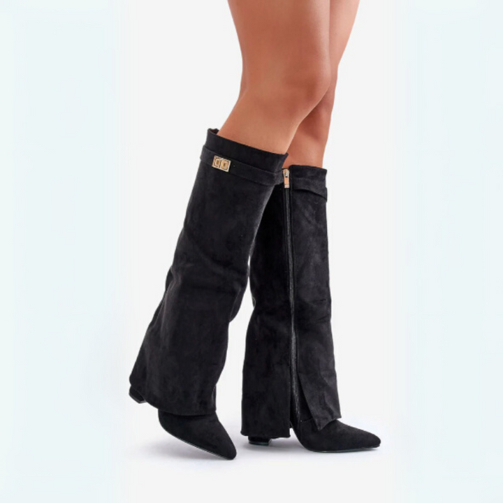 Women's Knee High Boots with Flap Overlay and Pointed Toe