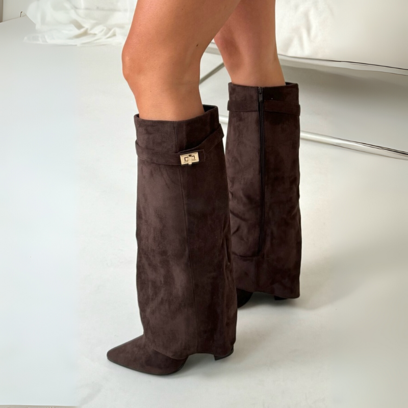 Women's Knee High Boots with Flap Overlay and Pointed Toe