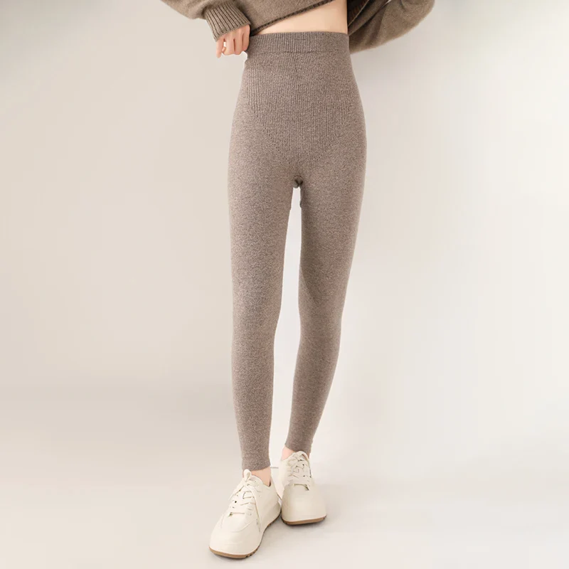 Women's Knit Leggings - Ribbed Texture and High Rise Waistband