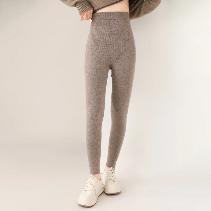 Women's Knit Leggings - Ribbed Texture and High Rise Waistband