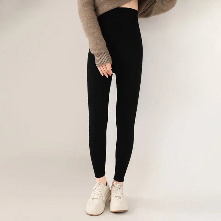 Women's Knit Leggings - Ribbed Texture and High Rise Waistband