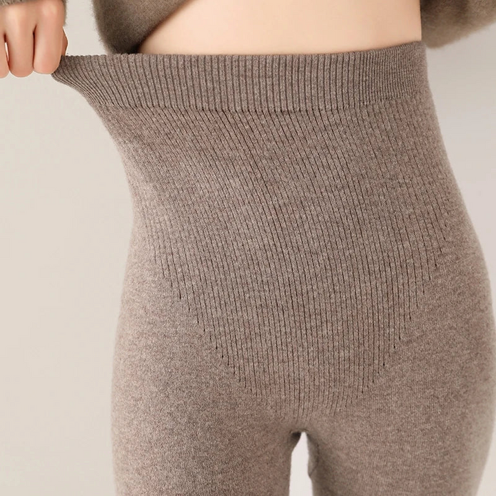 Women's Knit Leggings - Ribbed Texture and High Rise Waistband