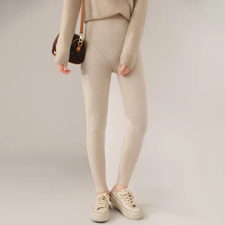 Women's Knit Leggings - Ribbed Texture and High Rise Waistband