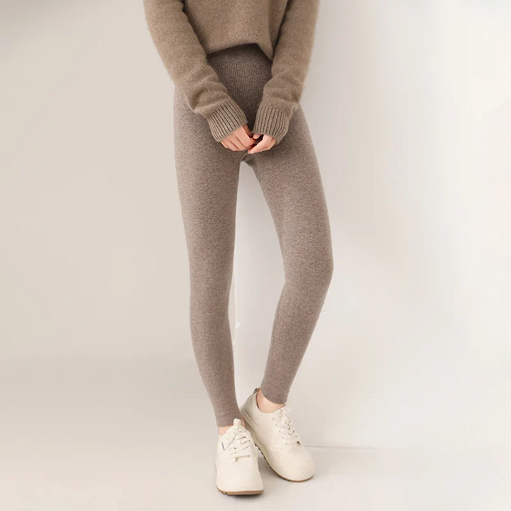 Women's Knit Leggings - Ribbed Texture and High Rise Waistband