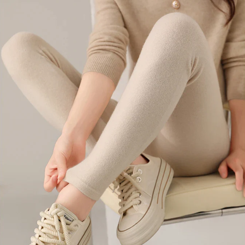 Women's Knit Leggings - Ribbed Texture and High Rise Waistband