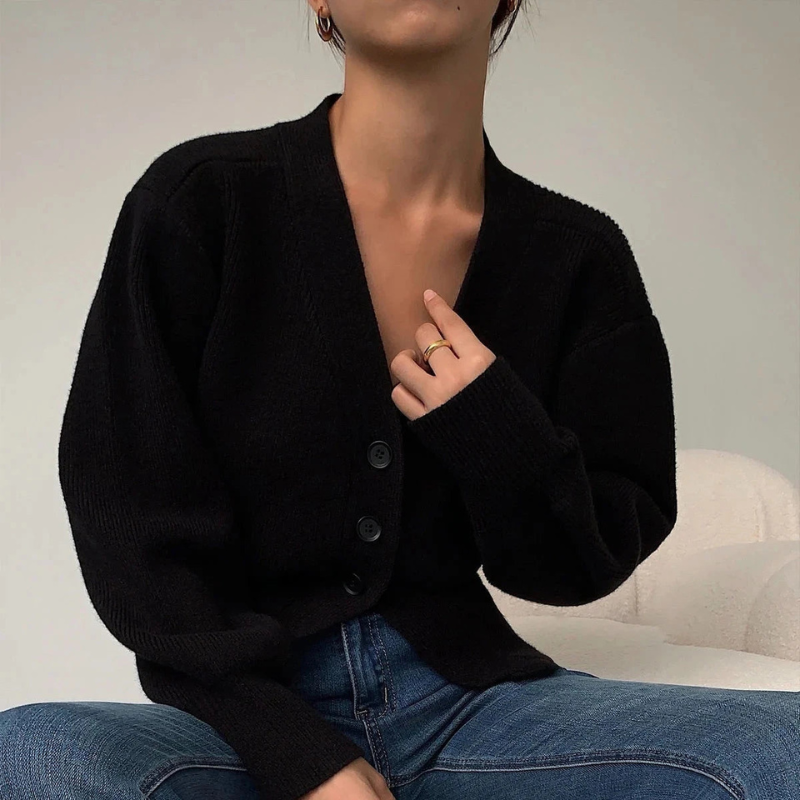 Women's Knit Cardigan with Ribbed Cuffs - Versatile for Casual and Formal Wear