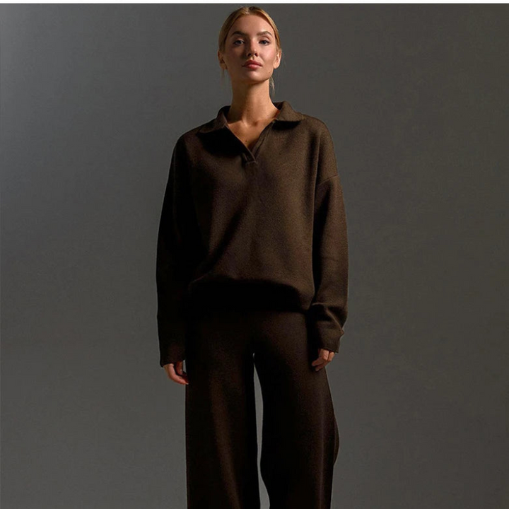 Women's Knitted Co Ord with Wide-Leg Pants and Casual Flip Collar