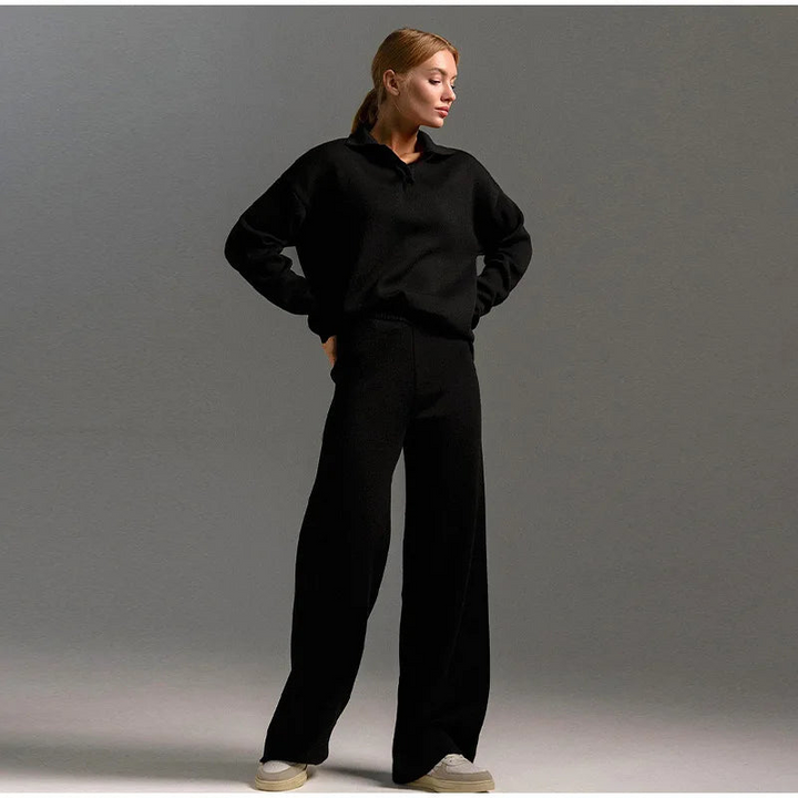 Women's Knitted Co Ord with Wide-Leg Pants and Casual Flip Collar