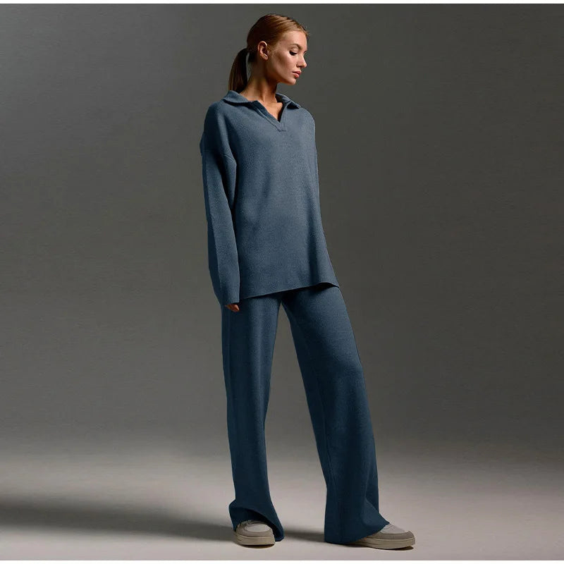 Women's Knitted Co Ord with Wide-Leg Pants and Casual Flip Collar