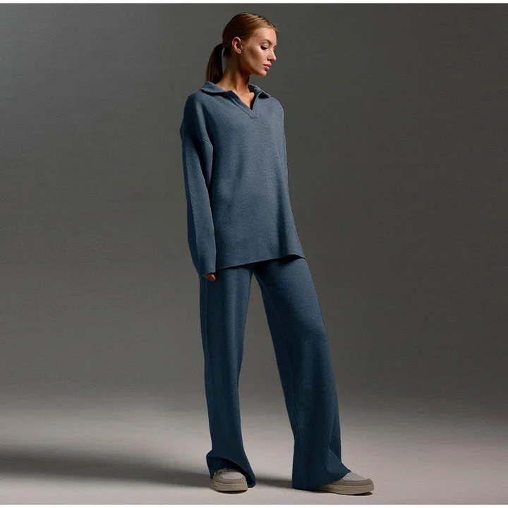 Women's Knitted Co Ord with Wide-Leg Pants and Casual Flip Collar
