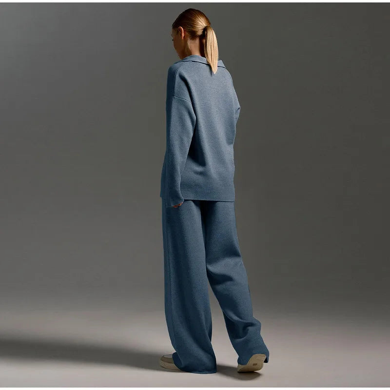 Women's Knitted Co Ord with Wide-Leg Pants and Casual Flip Collar