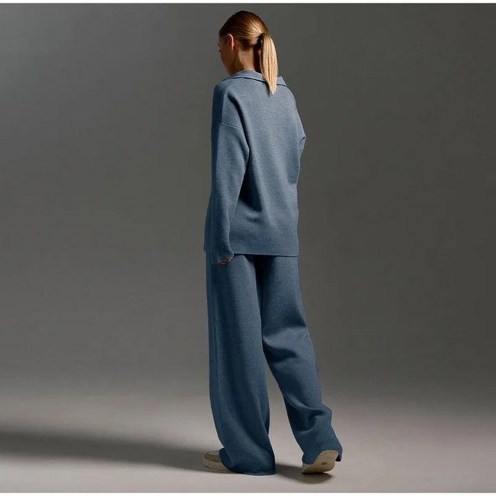 Women's Knitted Co Ord with Wide-Leg Pants and Casual Flip Collar
