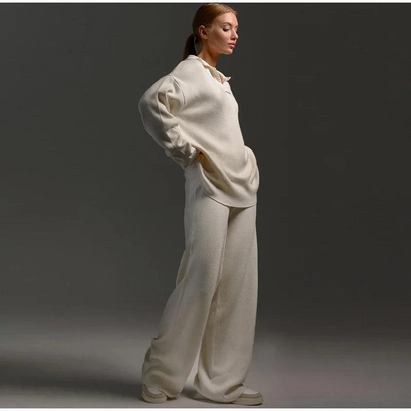 Women's Knitted Co Ord with Wide-Leg Pants and Casual Flip Collar