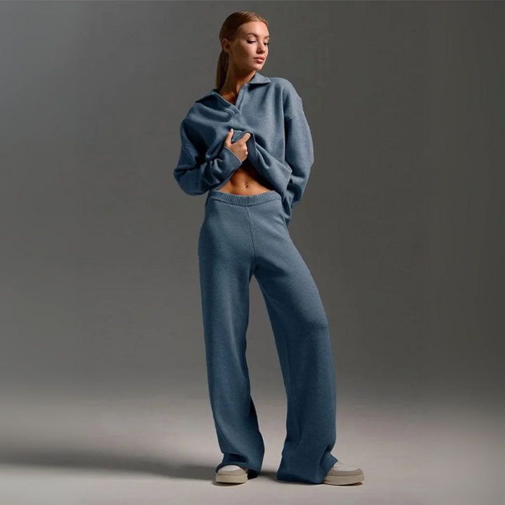Women's Knitted Co Ord with Wide-Leg Pants and Casual Flip Collar