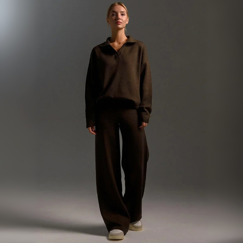 Women's Knitted Lounge Set - Long Sleeve Polo & Wide-Legged Pants