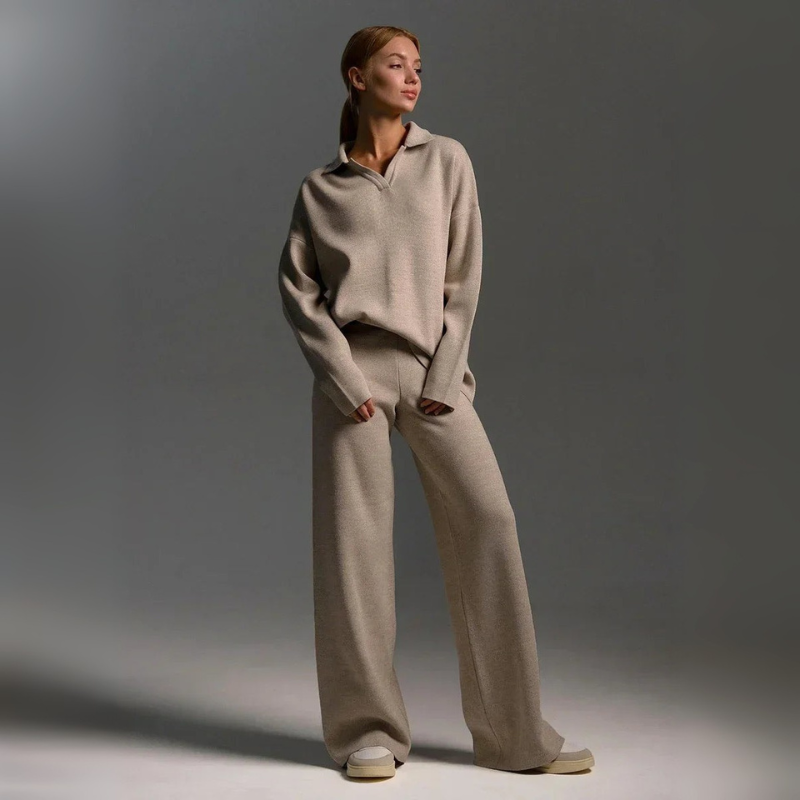 Women's Knitted Lounge Set - Long Sleeve Polo & Wide-Legged Pants