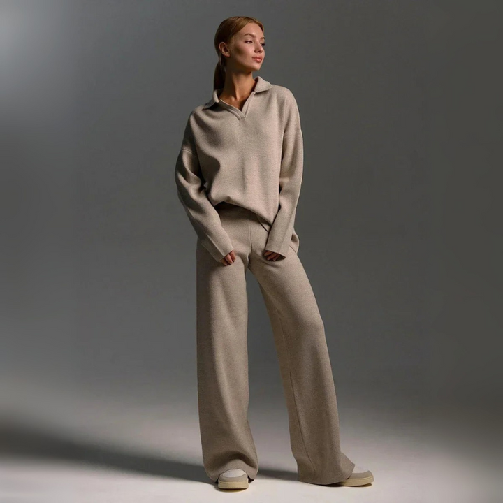Women's Knitted Lounge Set - Long Sleeve Polo & Wide-Legged Pants