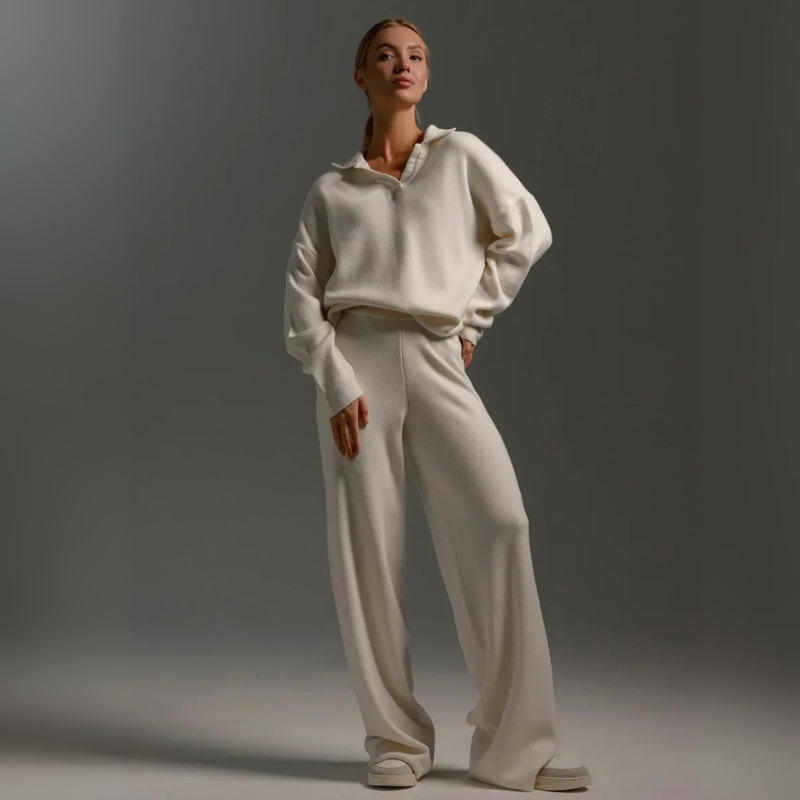 Women's Knitted Lounge Set - Long Sleeve Polo & Wide-Legged Pants