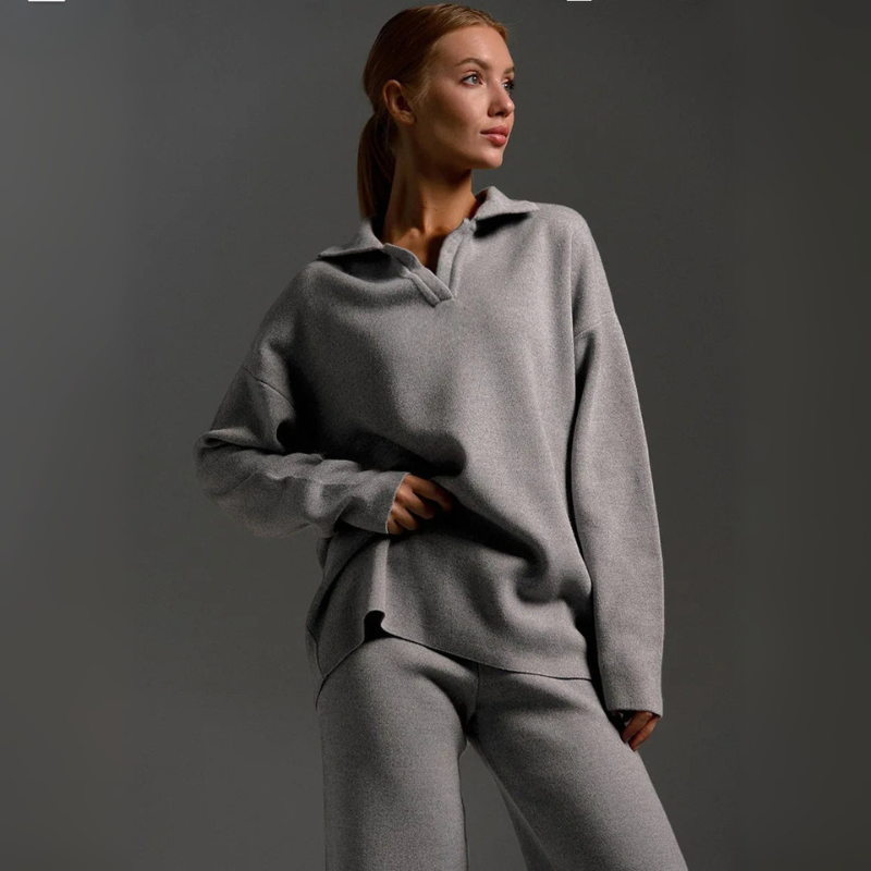 Women's Knitted Lounge Set - Long Sleeve Polo & Wide-Legged Pants