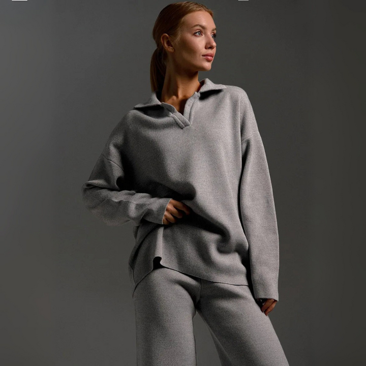 Women's Knitted Lounge Set - Long Sleeve Polo & Wide-Legged Pants