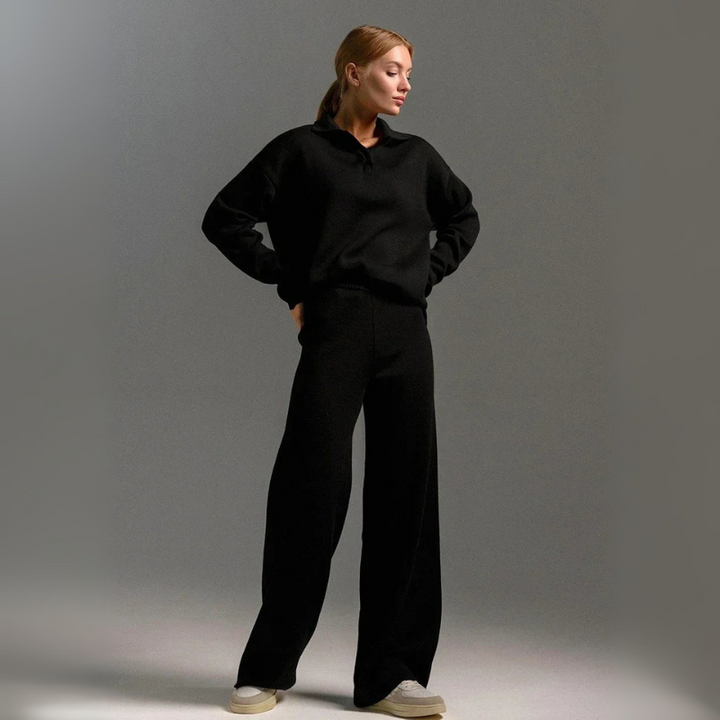 Women's Knitted Lounge Set - Long Sleeve Polo & Wide-Legged Pants