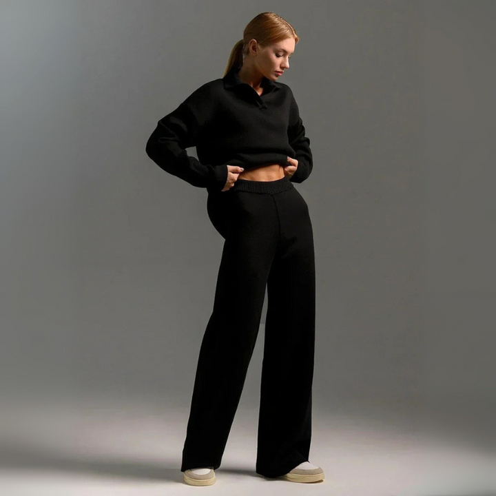 Women's Knitted Lounge Set - Long Sleeve Polo & Wide-Legged Pants