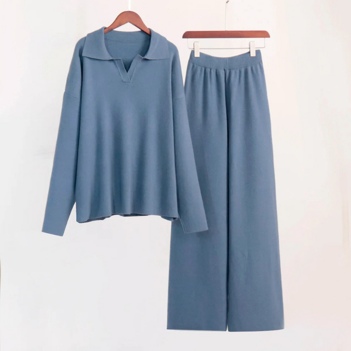 Women's Knitted Lounge Set - Long Sleeve Polo & Wide-Legged Pants
