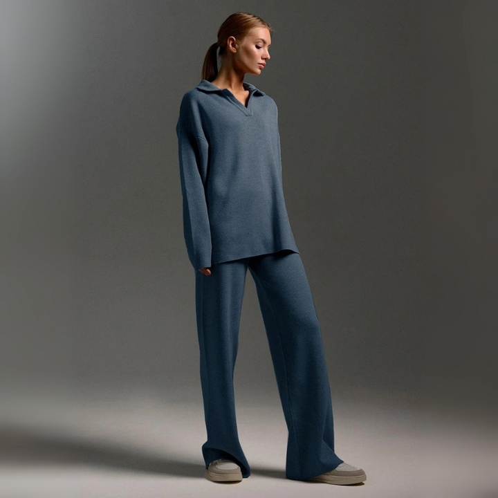 Women's Knitted Lounge Set - Long Sleeve Polo & Wide-Legged Pants