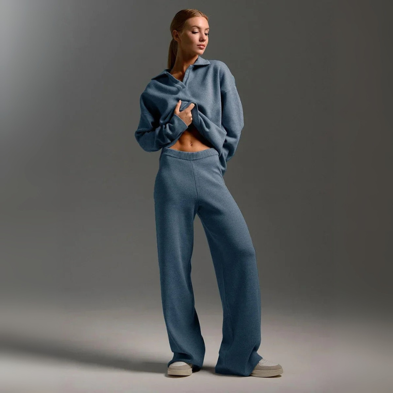Women's Knitted Lounge Set - Long Sleeve Polo & Wide-Legged Pants