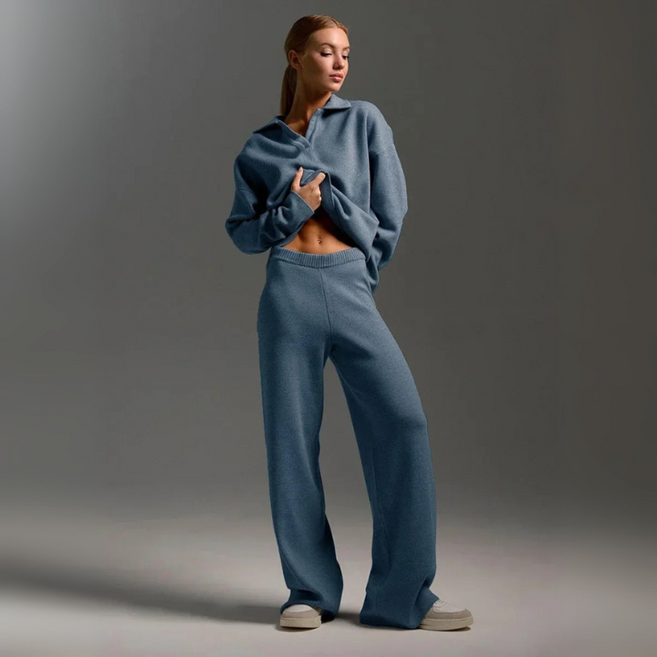Women's Knitted Lounge Set - Long Sleeve Polo & Wide-Legged Pants