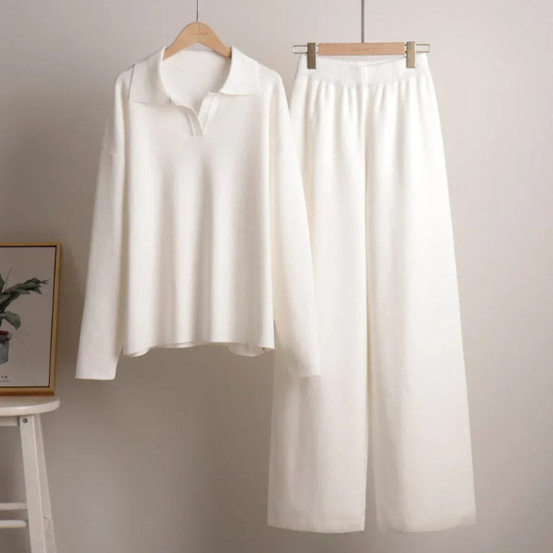 Women's Knitted Lounge Set - Long Sleeve Polo & Wide-Legged Pants