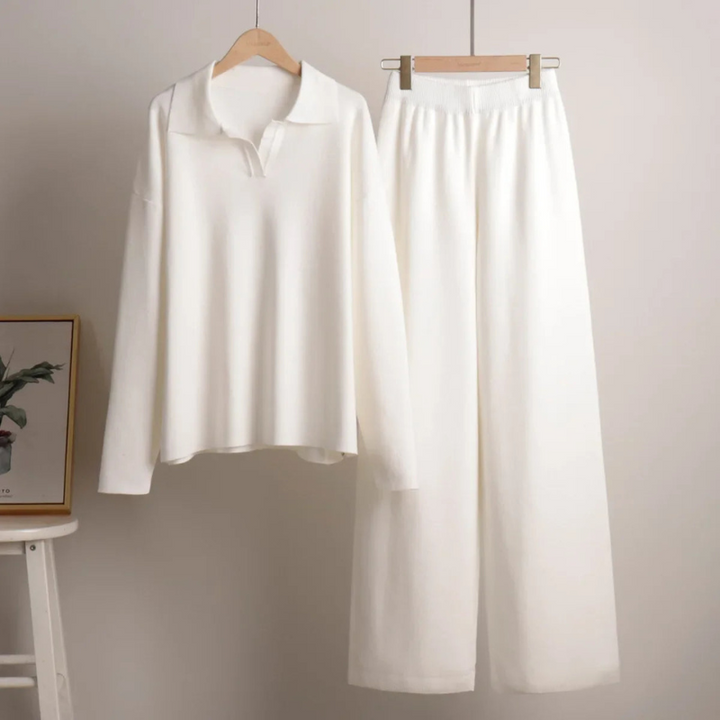 Women's Knitted Lounge Set - Long Sleeve Polo & Wide-Legged Pants