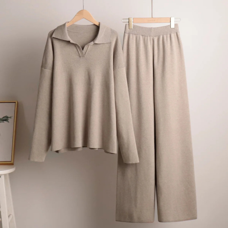 Women's Knitted Lounge Set - Long Sleeve Polo & Wide-Legged Pants