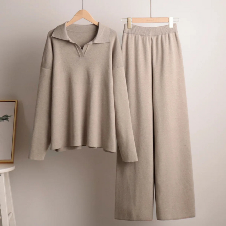 Women's Knitted Lounge Set - Long Sleeve Polo & Wide-Legged Pants