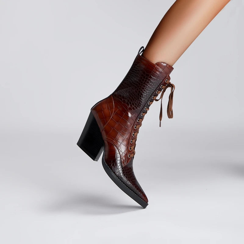 Women's Lace-Up Cowgirl Boots with Pointy Toe and Block Heel