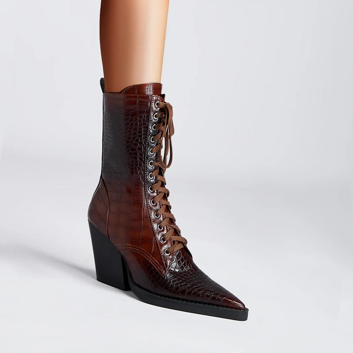 Women's Lace-Up Cowgirl Boots with Pointy Toe and Block Heel