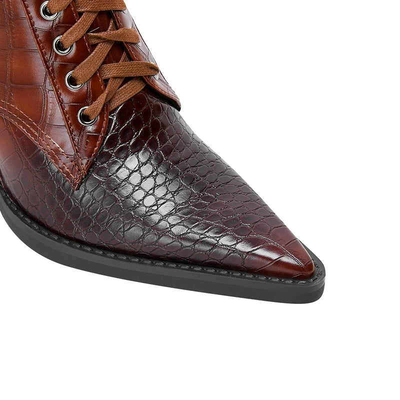 Women's Lace-Up Cowgirl Boots with Pointy Toe and Block Heel