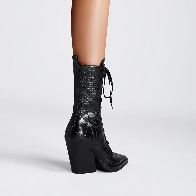 Women's Lace-Up Cowgirl Boots with Pointy Toe and Block Heel
