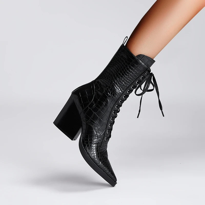 Women's Lace-Up Cowgirl Boots with Pointy Toe and Block Heel