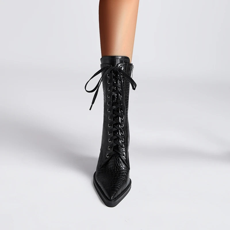 Women's Lace-Up Cowgirl Boots with Pointy Toe and Block Heel