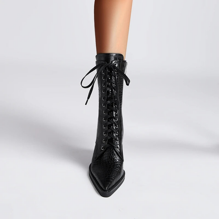 Women's Lace-Up Cowgirl Boots with Pointy Toe and Block Heel