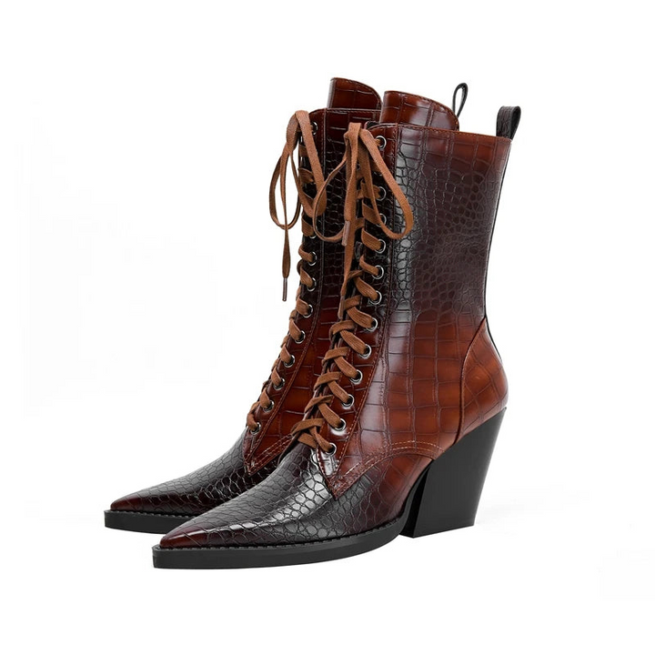 Women's Lace-Up Cowgirl Boots with Pointy Toe and Block Heel