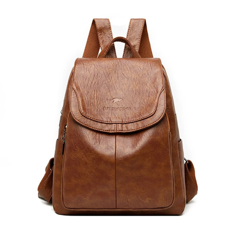 Women's Leather Backpack with Flap Closure and Adjustable Straps