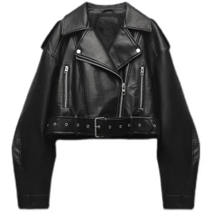 Women's Leather Biker Jacket – Short Zip Style with Belt
